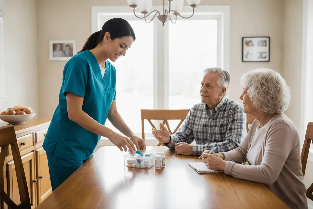 Caregiver speaking with senior clients at home