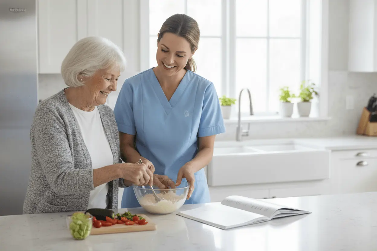 Caregiver helping a senior prepare food at home